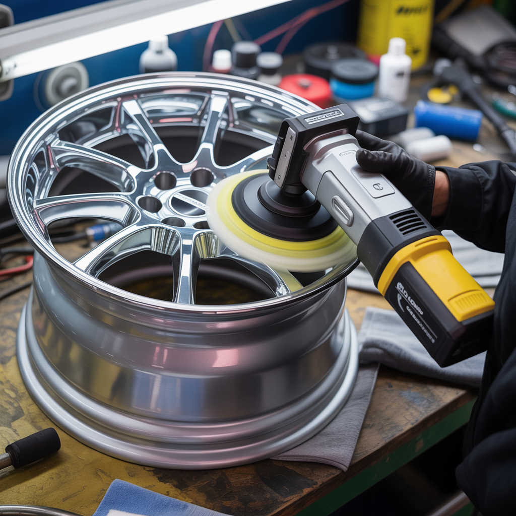 Glanzgedrehte Alufelge bei der CNC-Felgenreparatur im Radhaus Pforzheim — Pulverbeschichtung, Nasslackierung und Smart-Repair für Bordsteinschäden