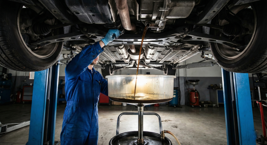 Werkstatt-Einblick im Radhaus Pforzheim — Mechaniker bei Fahrzeugservice, Ölwechsel und Inspektion nach Herstellervorgaben